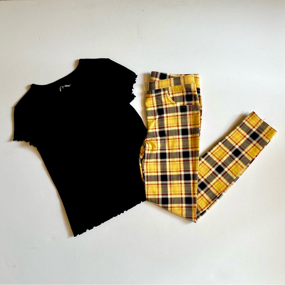 Art Class Girl’s Black Lettuce Tee & Yellow Plaid Pants Set Size 7/8 Medium